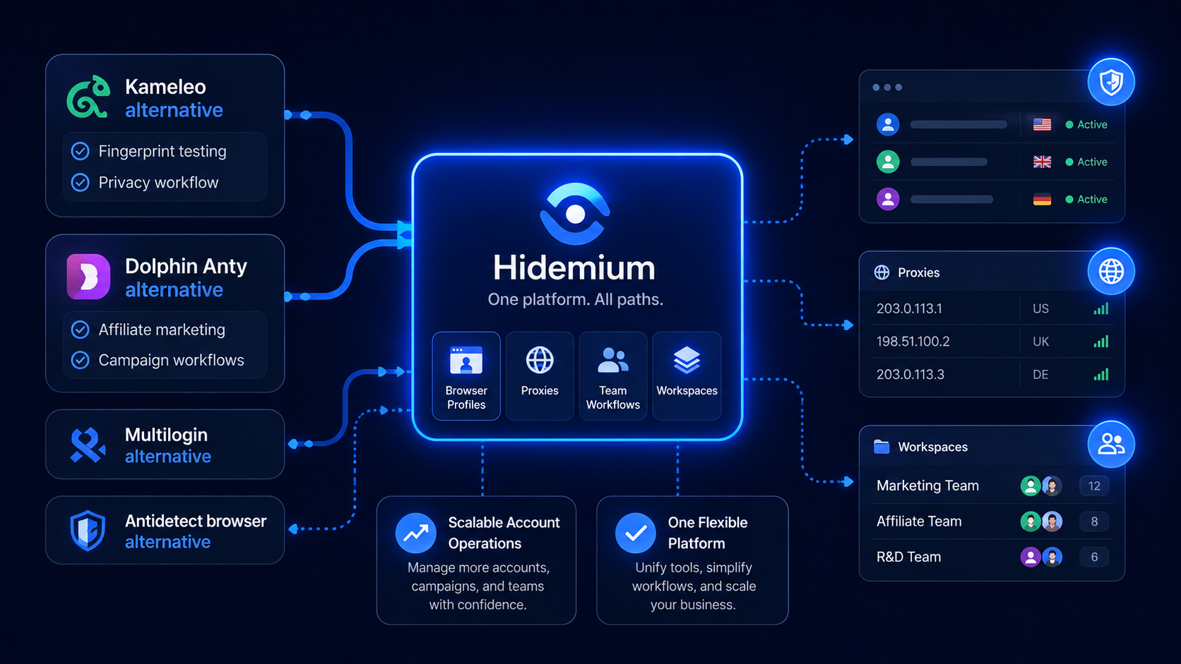 Hidemium as a Kameleo alternative, Dolphin Anty alternative, and Multilogin alternative with browser profiles, proxies, team workflows, and workspaces